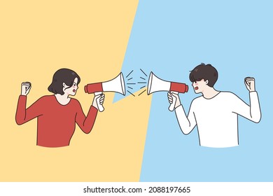 Man and woman hold loudspeakers scream at each other engaged in family fight. Stubborn angry husband and wife yell shout in megaphones, argue quarrel at home. Spouse argument. Vector illustration. 