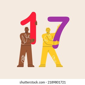 Man and woman hold numbers one and seven. Colorful vector illustration
