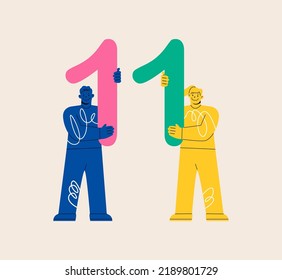 Man and woman hold numbers one. Colorful vector illustration
