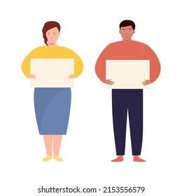 man and woman hold posters in their hands. yellow-blue colors. Vector illustration.