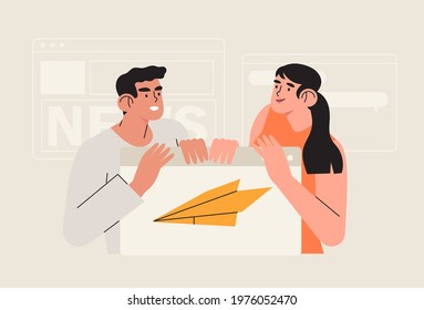 Man and woman hold web banner with paper plane sign and send message. Concept of email marketing, newsletter, news, offers, promotions offers subscription. Follow us on social media concept.