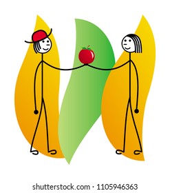 A man and a woman are holding an apple. Cartoon schematic drawing. A metaphor of relationships and feelings. Vector graphics.