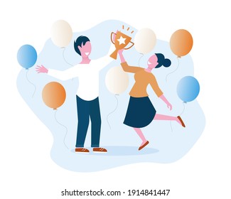 Man and woman are holding award cup. Winning, goal achievement, celebration flat vector concept cartoon illustration. Isolated vector illustration o white background.