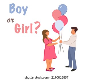 A man and a woman are holding balloons with the inscription "boy or girl?". Gender reveal party. Vector illustration