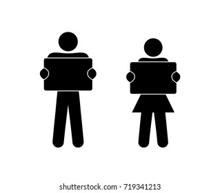 man woman holding banner stick figure simple icons ionized vector
