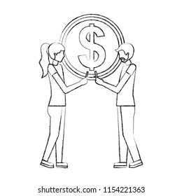 man and woman holding big coin dollar business