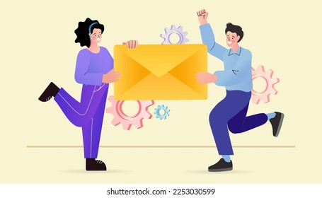 Man and woman holding a big envelope. Email message sending and receiving concept. Newsletter subscription, notification. Man delivering mail. vector illustration