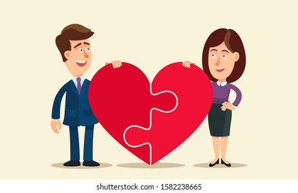 Man and woman holding big heart puzzle. Loving couple found each other. Happy together forever. St.Valentine's day. Vector illustration, flat design cartoon style. Isolated background.
