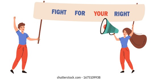 Man and woman holding a big placard and loudspeaker. Social activist and concept. Vector flat illustration with characters, isolated on white background.