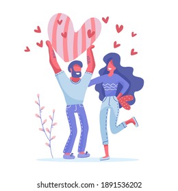 Man and woman holding big red hearts. Valentine's day greeting card characters. Love and relationship concept. Vector flat illustration.