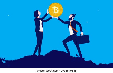 Man and woman holding bitcoin - Businessman and businesswoman lifting up coin. Corporate business with crypto currency investment concept. Vector illustration.