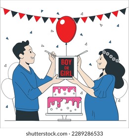 man and woman holding black balloon with "boy or girl?" on gender reveal party. Pregnant woman celebrating baby shower party with female friends at home. Group of multi-ethnic women at a baby shower.