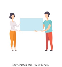 Man and woman holding blank banner, promotion, advertising or peace protest concept vector Illustration on a white background