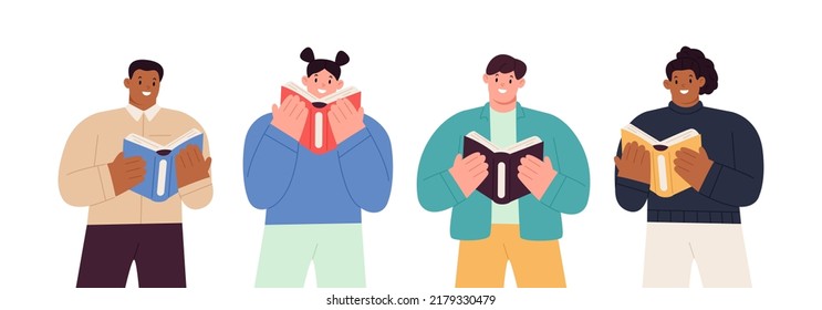 Man and woman holding a book in their hands. Vector illustration