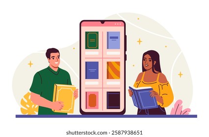 Man and woman holding books stand beside large smartphone displaying an online book library. Abstract background with decorative elements. Concept of digital and physical reading. Vector illustration