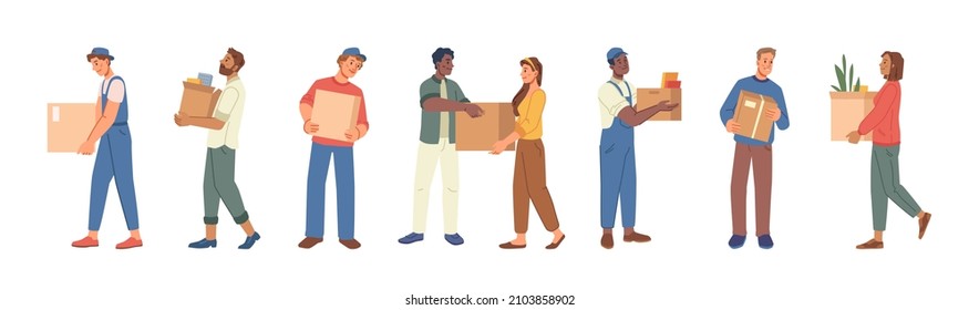 Man and woman holding boxes in hands, moving to office, changing housing or buying new apartment isolated flat cartoon characters. Vector people and paper boxes, belongings, delivery service workers