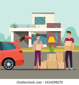 Man and woman holding boxes. Moving house. Minivan with open trunk. New house design minimal. Vector flat style illustration.