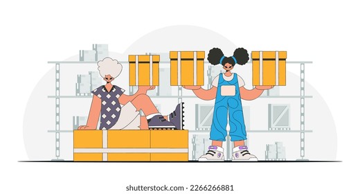 A man and a woman are holding boxes in their hands. Parcel delivery team. A painting depicting the distribution of packages and shipment of cargo.
