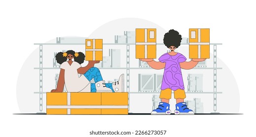 A man and a woman are holding boxes in their hands. Parcel delivery team. A depiction of the transportation of packages and freight