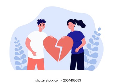 Man and woman holding broken heart together. Breakup of two ex smiling partners flat vector illustration. Love, divorce, reunion and relationship concept for banner, website design or landing web page