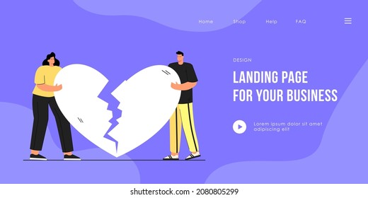 Man and woman holding broken heart flat vector illustration. Cartoon male and female characters standing and holding halves of heart. One-way love, unhappy relationship concept.