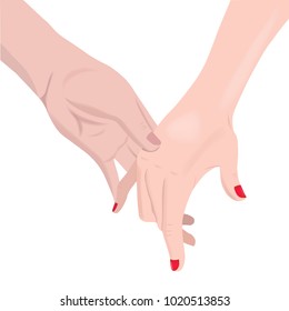 Man and woman holding by hands, isolated on white background.