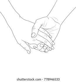 Man and woman holding by hands. Silhouette lines on white background. Vector illustration