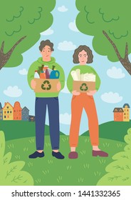 Man and woman holding cardboard boxes full of different kind waste outdoors. Recycling concapt vector illustration.