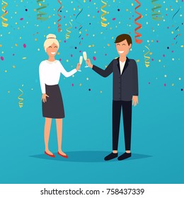 Man and woman holding champagne glasses, celebrating. Confetti on a background.