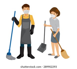 Man and woman holding cleaning supplies, illustration design.