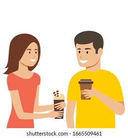 Man and woman are holding coffee cups. Vector flat illustration.