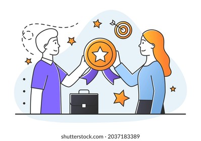 Man and woman holding coin. Employees get profit, investments, financial literacy. Award ceremony for winners. 1st place for team. Cartoon flat vector illustration isolated on white background