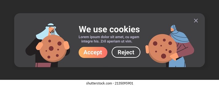 man woman holding cookie protection of personal information internet web pop up we use cookies policy notification