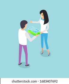 Man and woman holding device or laptop, talking workers, successful teamwork, portrait view of man and woman, people communication, business startup vector