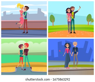 Man and woman holding each other hands, female with rose. Lovers kissing, taking selfie, walking in city, couple relationship, romantic day vector