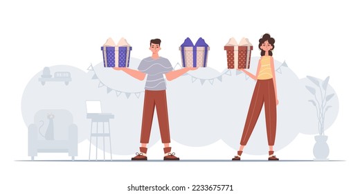 A man and a woman are holding a festive gift box in their hands. The concept of holiday greetings for Valentine's Day.