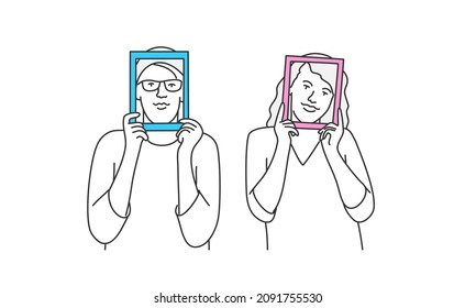 Man and woman holding frame. Social media influence, network profile in the frame. Hand drawn vector illustration. Black and white.