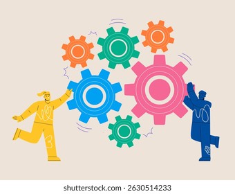 Man and woman holding gears in hands as symbol of cooperation. Teamwork collaboration and unity concept. Colorful vector illustration
