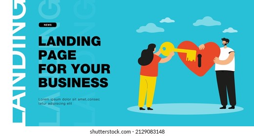 Man and woman holding giant heart and key together. Flat vector illustration. Woman opening heart with keyhole, which man holding in hands. Love, romance, relationship, family concept for design