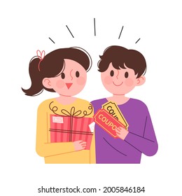 Man and woman holding gift boxes and sale coupons. Shopping support event. Event concept vector illustration.