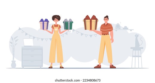 Man and woman are holding gift boxes. Gift concept for christmas or new year.