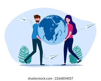 man and woman holding  the globe. concept of sustainability or environmental protection