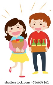 Man and woman holding grocery in hands illustration