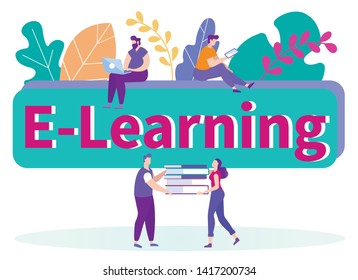 Man and Woman Holding in Hand Stack Books. Distance Learning. E-Learning. Online Training. Men with Laptop and Tablet. White Background. Advertising Image. Vector Illustration. Remote Access.