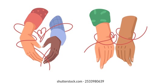 Hombre y mujer tomados de la mano, pareja atada con una cuerda roja. Vector sentimiento romántico y atado, conexión y sentimiento de profunda devoción y amor. Personas que se tocan entre sí, pareja conectada