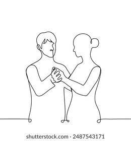 man and woman holding hands as in dance step - one line art vector. concept dance waltz, support. Handmade vector not AI