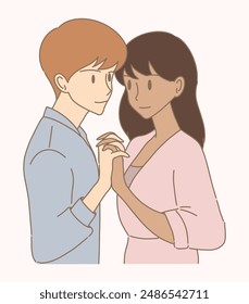 Hombre y mujer tomados de la mano, bailando. Pareja diversa, manos juntas, relaciones románticas. Dibujado a mano Ilustración vectorial de personaje de dibujos animados.