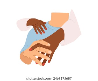 Hombre y mujer tomados de la mano aislados sobre un fondo blanco. Diseño de uñas masculinas de moda, manicura regular básica. Pareja, concepto de amor, relación. Ilustración vectorial.