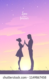 Man and woman holding hands and looking in each other eyes. Couple in love spending time together outdoors. Bright blurry sky background. Vector illustration.