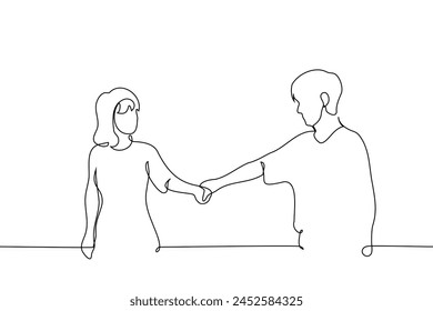 man and woman holding hands looking at each other - one line art vector. concept lovers on a walk, going through life together. Hand made vector not AI